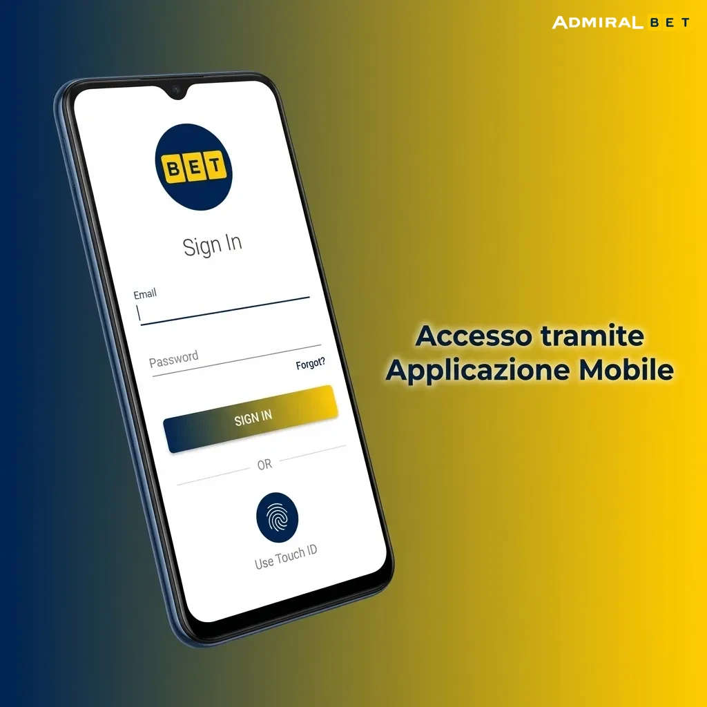 Mobile app login screen showing smartphone access to AdmiralBet account with biometric and credential options