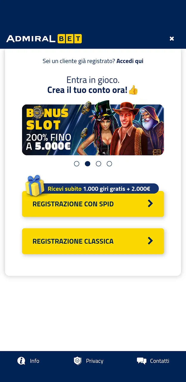 Registrati subito dopo aver installato l'app e gioca alle slot di AdmiralBet.