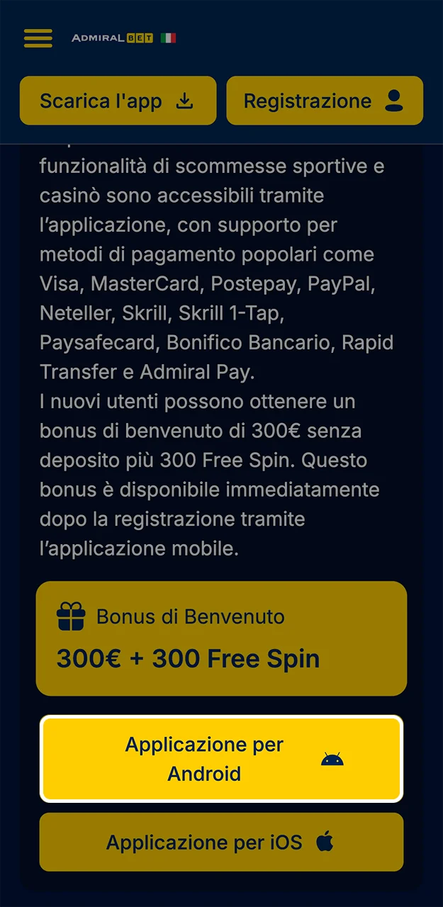 Clicca sul pulsante giallo per avviare il download dell'app AdmiralBet.