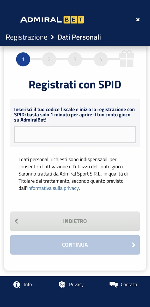 Inserisci i dati corretti necessari per registrarti su AdmiralBet.