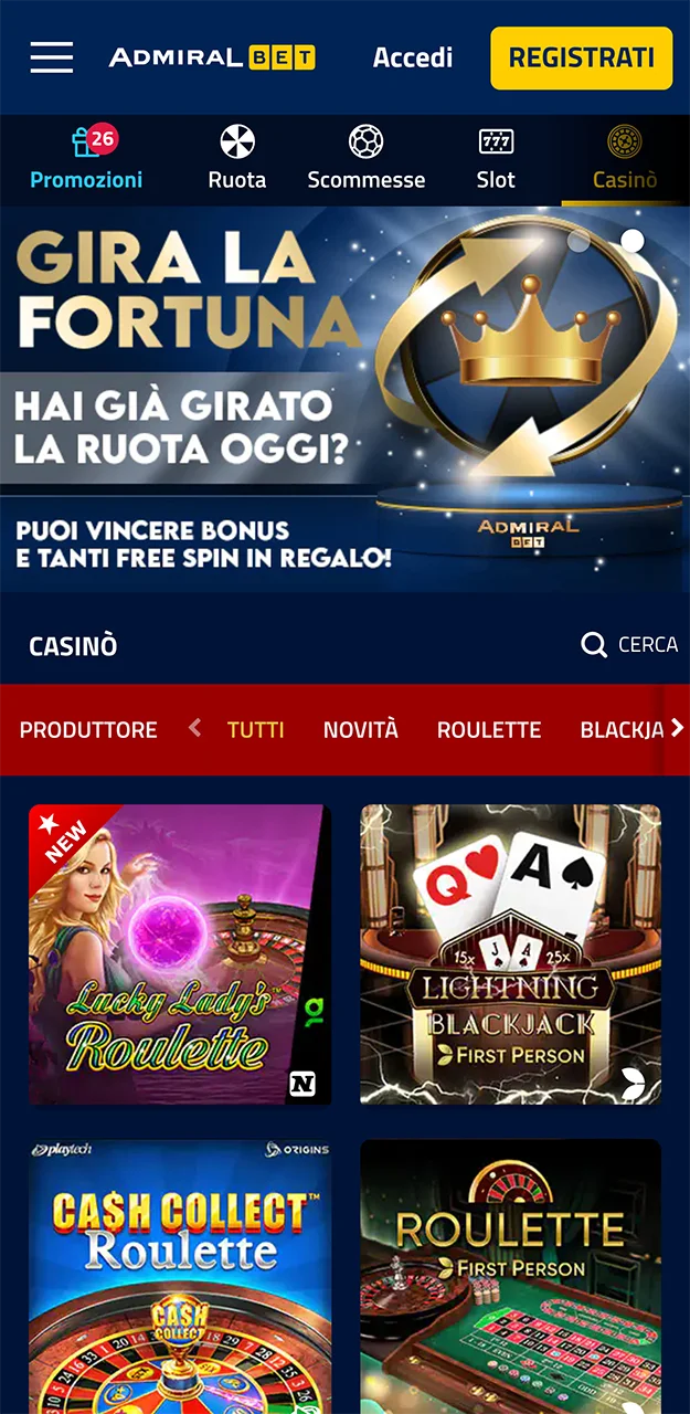 La sezione casinò nell'app AdmiralBet.
