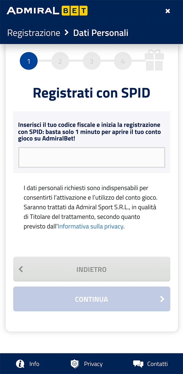 Modulo di registrazione nell'app AdmiralBet.
