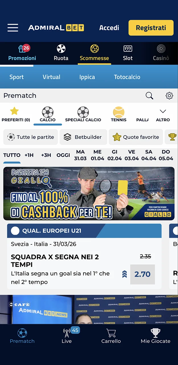 Scommesse sportive nell'app AdmiralBet.