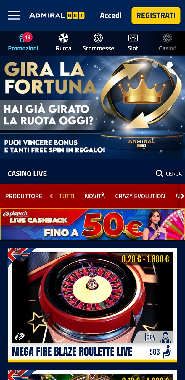Scopri i giochi disponibili nella sezione Live Casino sul sito AdmiralBet.