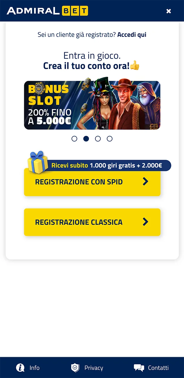 Utilizza la procedura classica di registrazione su AdmiralBet.