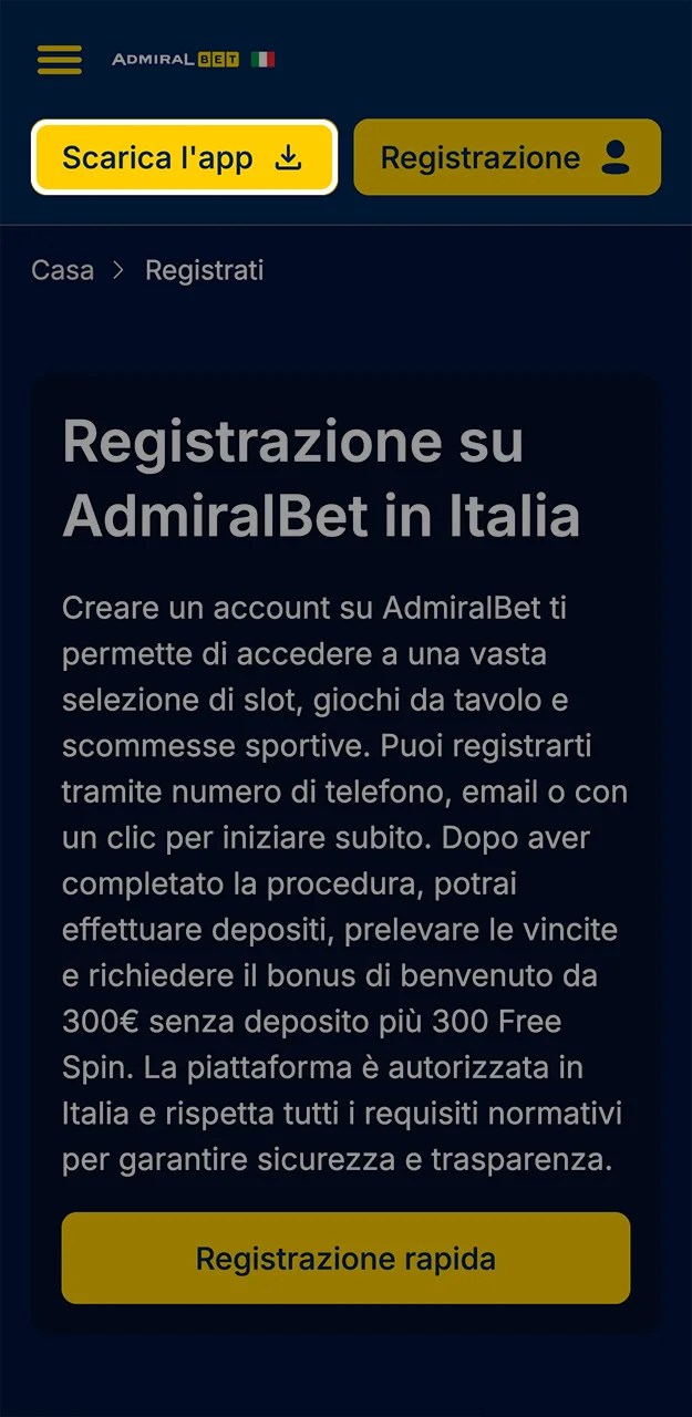 Per iniziare la registrazione di un account su AdmiralBet, scarica l'app.
