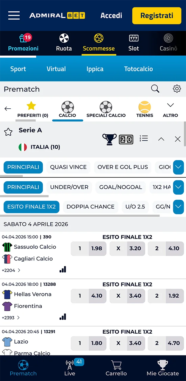 Scegli una partita della tua squadra del cuore su cui scommettere sul sito AdmiralBet.