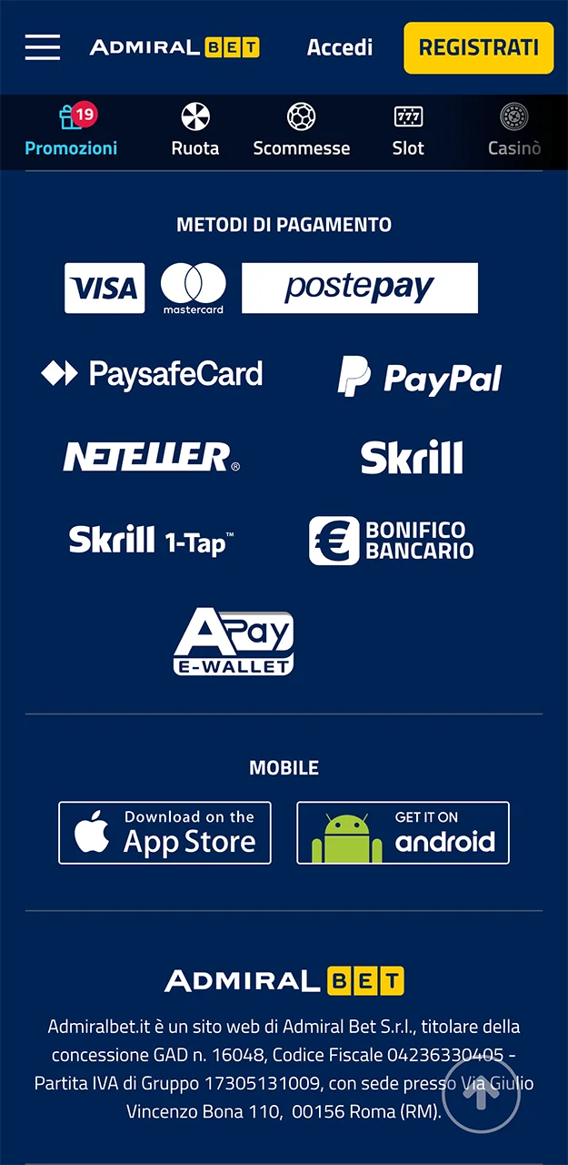 Utilizza il metodo di pagamento Neteller per ricaricare il tuo conto su AdmiralBet.