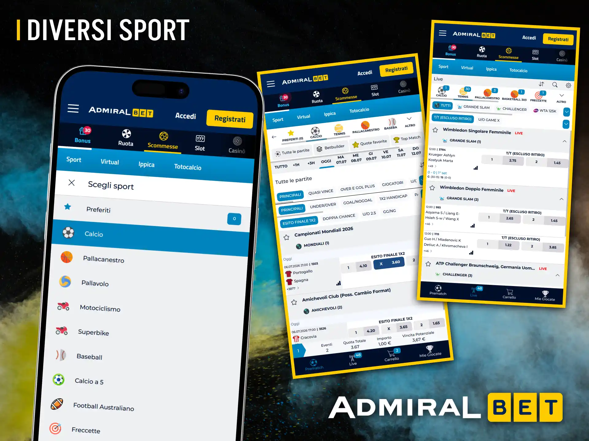 Il menu sportivo di AdmiralBet rende facile scegliere il tuo sport preferito su cui scommettere.