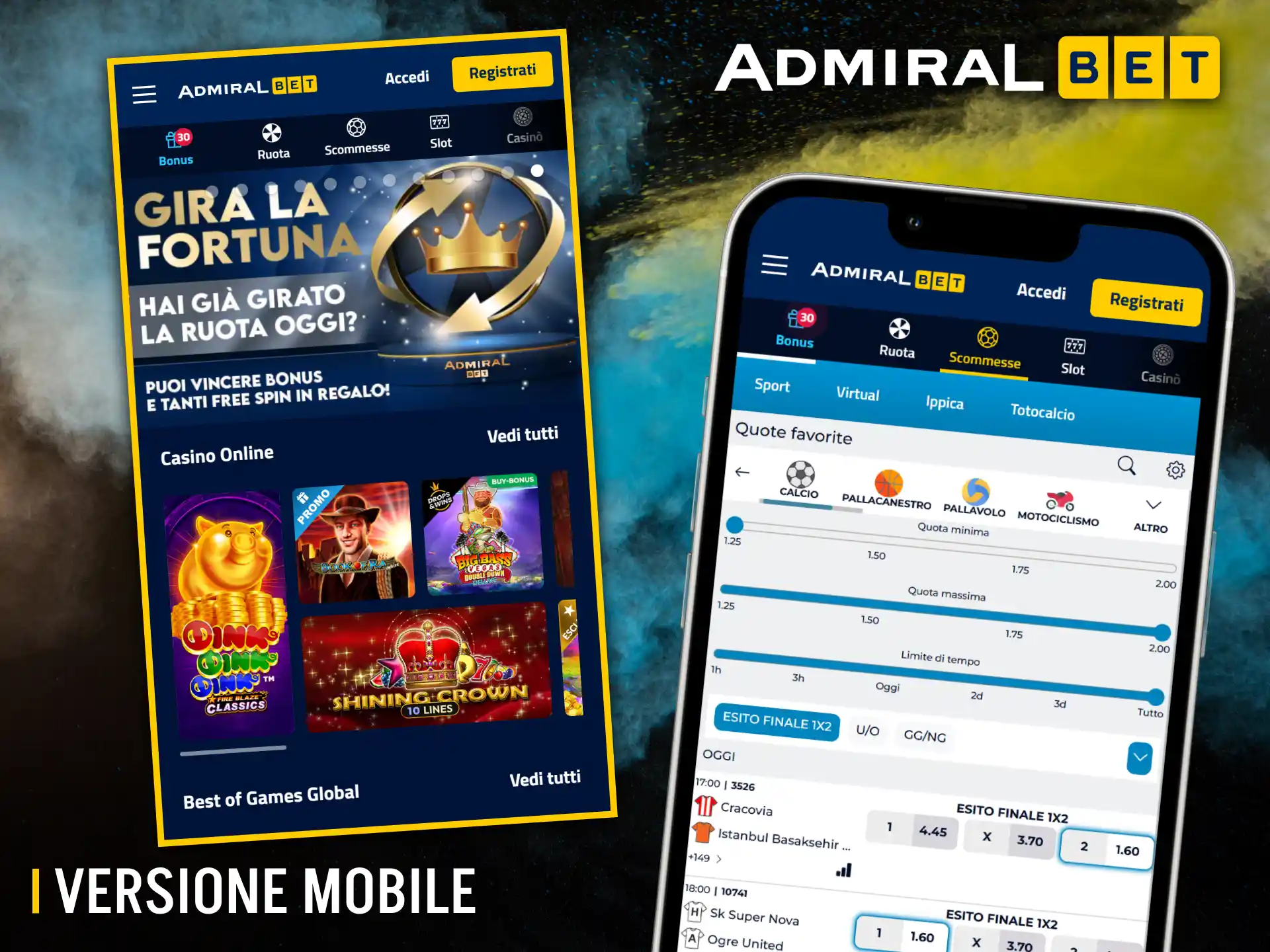 La versione mobile di AdmiralBet ti permette di giocare ai giochi da casinò e piazzare scommesse ovunque e in qualsiasi momento.