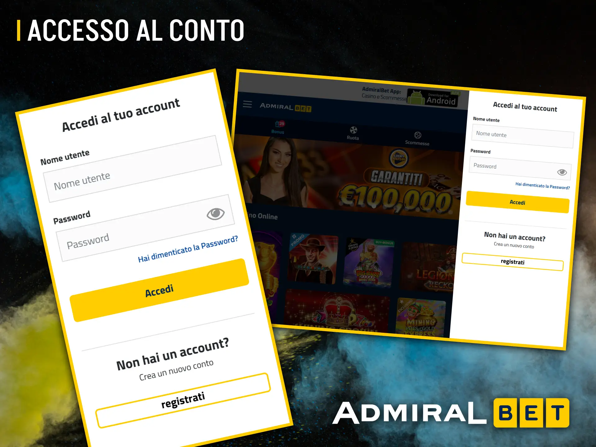 Il modulo di accesso di AdmiralBet è semplice e intuitivo.