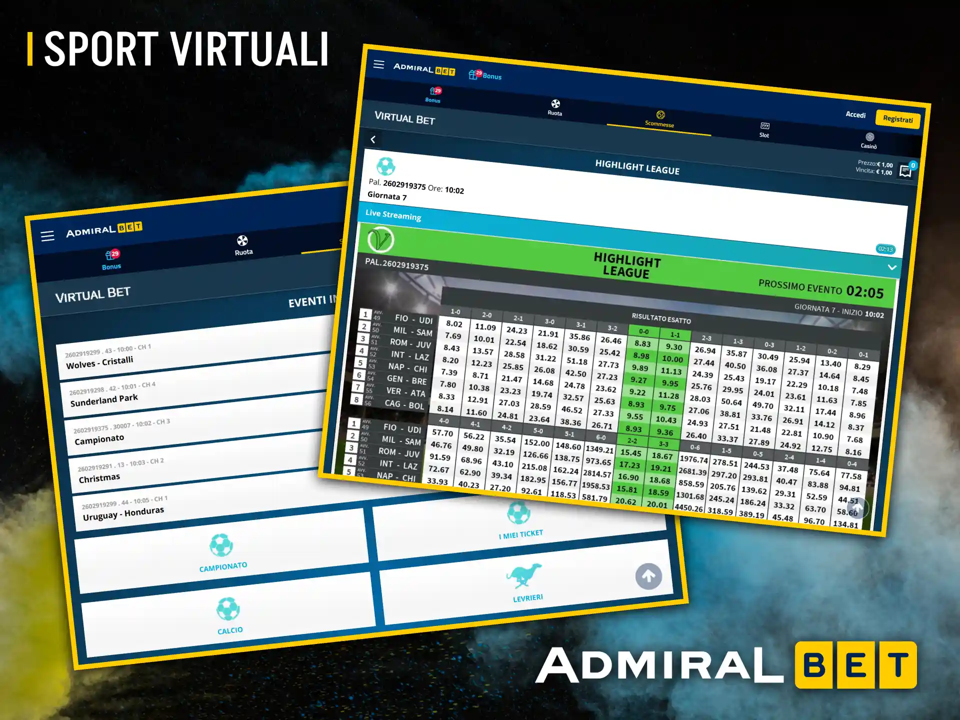 La sezione di giochi virtuali di AdmiralBet offre una grafica eccellente e statistiche costantemente aggiornate.